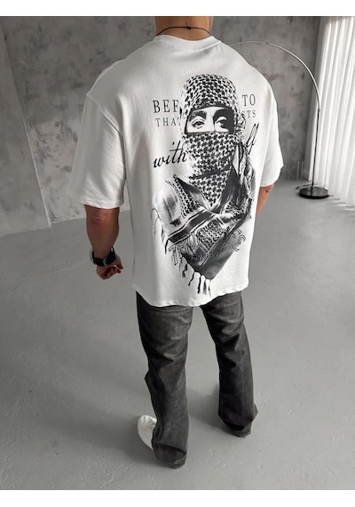 Erkek Kısa Kol Tişört Bisiklet Yaka Filistin Poşulu Baskılı T-shirt - Beyaz