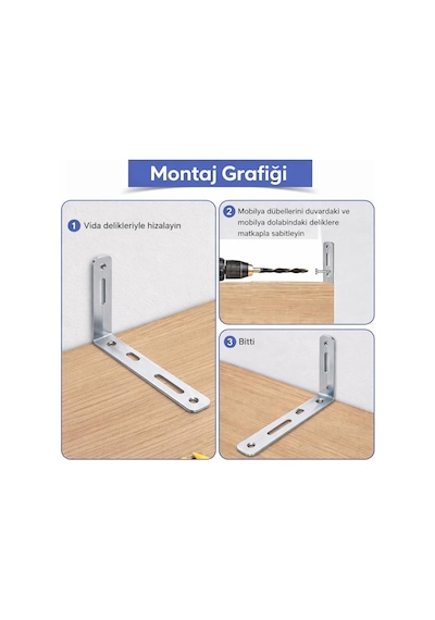 Deprem Sabitleme Aparatı, Metal Mobilya Duvar Sabitleyici, Dolap Devrilme Önleyici, 20x70x120 Mm, 4 Adet, Vida Ve Dübel Dahil Gümüş / Krom