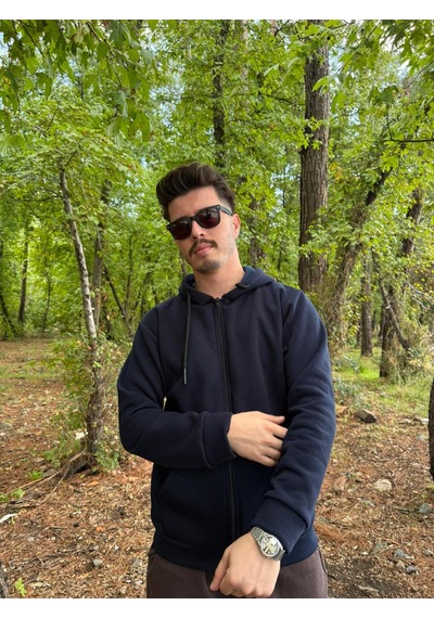 Erkek Oversize Kapüşonlu Tam Fermuarlı Kanguru Cepli Şardonlu Sweatshirt Lacivert
