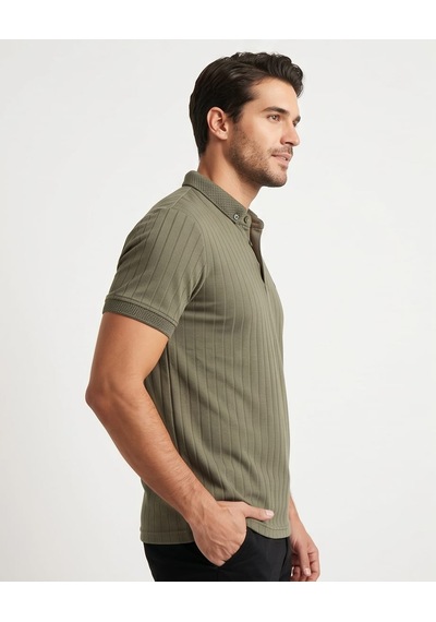 Özeniş Erkek Polo Yaka Slim Fit Çizgili Desen Kaşkorse T-shirt Haki Özeniş Erkek Polo Yaka Slim Fit Çizgili Desen Kaşkorse T-shirt Haki