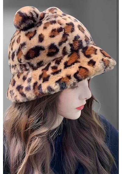 Uniquetrenders Kadın Sevimli Ayı Kulak Peluş Bucket Şapka Leopar