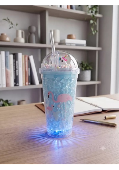 Işıklı Unicorn Ve Flamingo Desenli Çift Katmanlı Jel Buzlu Pipetli Bardak - 450ml - Renk Değiştiren Led Tabanlı Belirtilmemiş