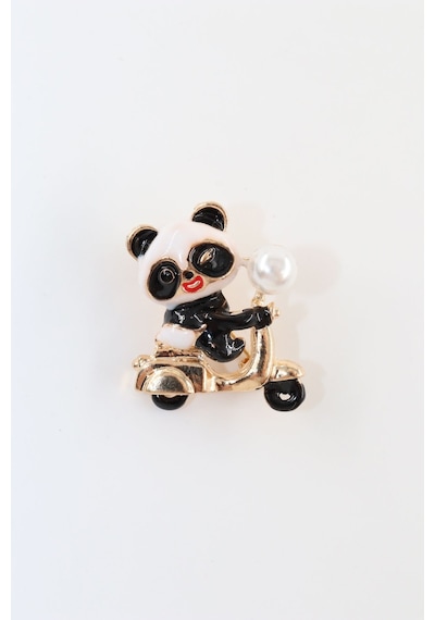 Bir Tutam Neşe Motorlu Yavru Panda Broş Taşlı İncili Gold Siyah Beyaz Pandalı Kadın Yaka İğnesi Siyah - Beyaz