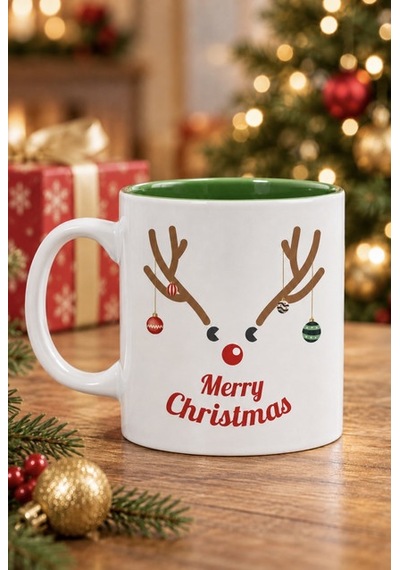 Mesela Yılbaşı Kupası Merry Christmas Desenli Yeşil İçli Hediyelik Kahve Kupa Bardak Beyaz