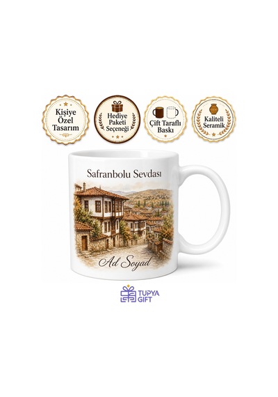 Safranbolu Evleri Temalı Karabük Kupası Özel Tasarım Baskılı Porselen Hediye Bardak Beyaz / Çok Renkli