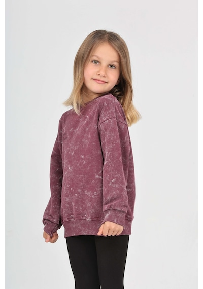 Kız Çocuk Relax Fit Bisiklet Yaka Düşük Omuz Baskılı Yırtmaçlı Sweatshirt - 2 İplik Mor