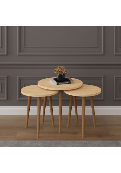 Asra Trend 3'lü Yuvarlak Zigon Sehpa Takımı SEHPA01 %100 MDF Ahşap Ayaklı Safir Meşe