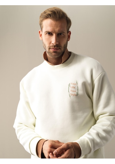 Xint Ekru Oversize Bisiklet Yaka Pamuklu Sweatshirt 300281