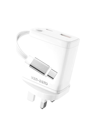 Ven-dens Vd-tc155bac 30 W Pd Hızlı Şarj Adaptörü, 2 Usb-c Ve 1 Usb-a Port, Geri Çekilebilir, Beyaz