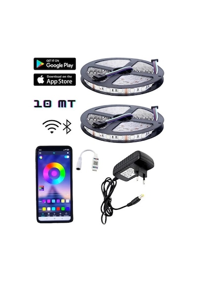 Bluetooth Özellikli Rgb Şerit Led 10 Metre Sese Ve Müziğe Duyarlı