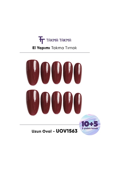 15'li Bordo Uzun Oval Uov1563 Tekrar Kullanılabilir El Yapımı Protez Takma Tırnak S