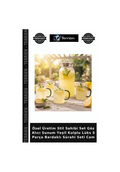 Özel Üretim Stil Sahibi Set Göz Alıcı Sunum Yeşil Kulplu Lüks 5 Parça Bardaklı Sürahi Seti Cam
