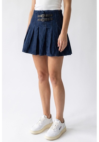 Mixray 2191 Kadın Çift Tokalı Pilili Yüksek Bel Denim Mini Etek Lacivert