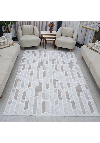 Krem Bej Geometrik Oval Desenli Saçaklı Kaymaz Jel Tabanlı Modern Halı 1
