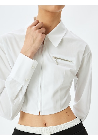 Koton Slim Fit Uzun Kollu Klasik Yaka Crop Fermuarlı Gömlek Kırık Beyaz 5sak60136pw Ekru