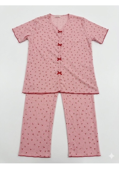 Sleeproom Yazlık Pembe Kiraz Desenli Kısa Kol Penye %100 Pamuk Pijama Takım Pembe Kırmızı Kiraz