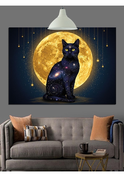 Siyah Kedi Dolunay Işığı Dekoratif Kanvas - Mdf Ahşap Tablo