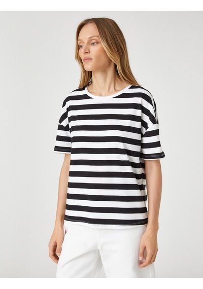 Koton Relax Fit Tişört Kısa Reglan Kollu Pamuklu Siyah Çizgili 1yap13207ek Siyah