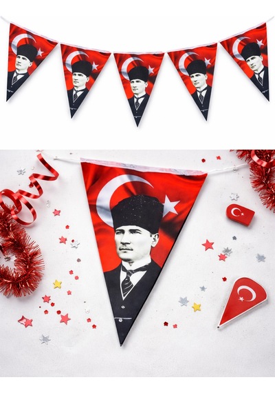 Atatürk Baskılı Üçgen Flama Seti 10 Lu 23 Nisan Süsleme Banner, Okul Ve Sınıf Dekorasyonu "