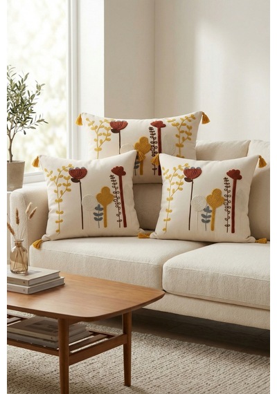 Bohem Kır Bahçesi Punch Nakışlı 3'lü Kırlent Kılıfı Seti 2 Adet 42x42 Cm + 1 Adet 35x55 Cm Bej