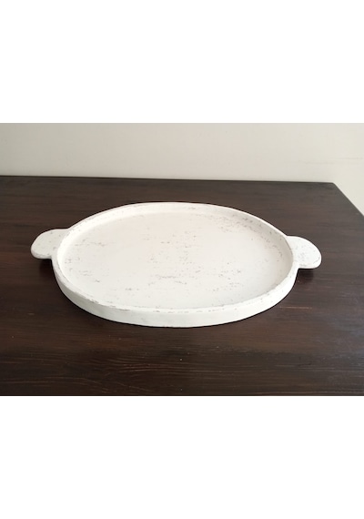 Orion Serisi Büyük Boy Kulplu Eskitme Beyaz El Yapımı Kırılmaz Sunum Tepsisi 33x53 Cm