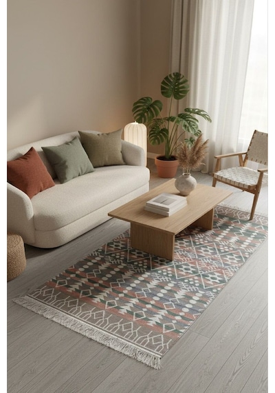 Modern Geometrik Desenli Çift Taraflı Yıkanabilir Kilim Renkli