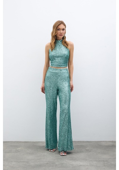 Sateen Payetli Salaş Pantolon - Mint-135395 Mint