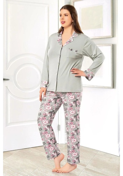 Faal 8802 Kadın Büyük Beden Uzun Kollu Önden Düğmeli Pijama Takım-gri Gri