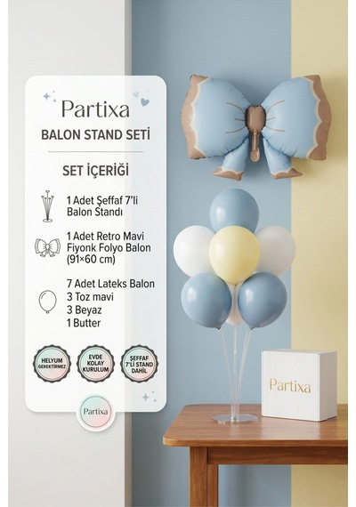 Retro Mavi Fiyonk Balon Stand Seti Şeffaf 7 Li Stand + Retro Mavi Fiyonk Folyo Balon 91 60 Cm + 7 Lateks Balon