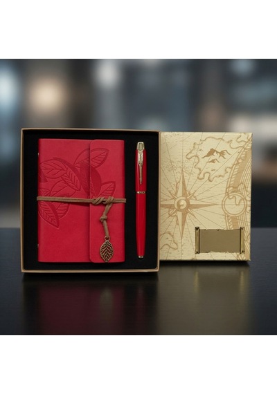 Premium Kurumsal Set Hatıra Eşyası Not Alma Pusula Motif Kutulu Kırmızı Defter Ve Kalem Seti Çok Renkli