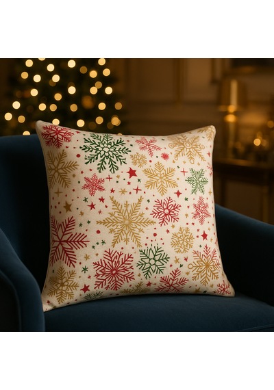 Krem Zeminli Yılbaşı Kırlent Kılıfı Çok Renkli Kar Tanesi Desenli 40 * 40