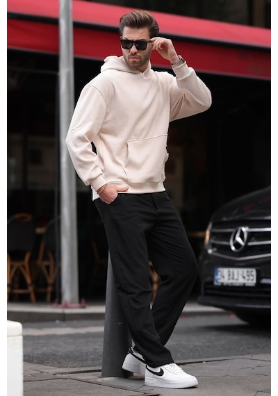 Madmext Bej Kapüşonlu Cep Detaylı Dokulu Sweatshirt E7101 Bej