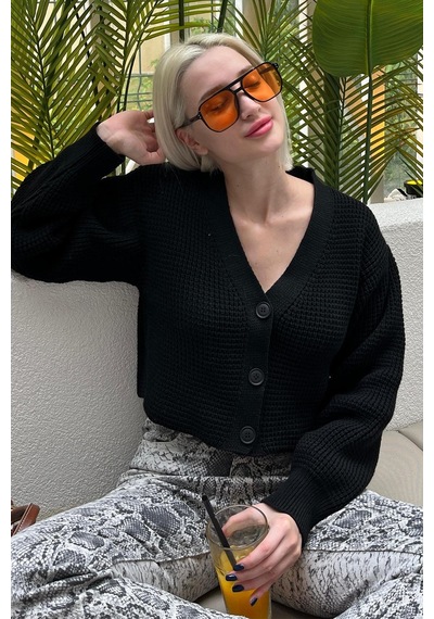 Madmext Siyah Uzun Kollu Düğmeli Crop Hırka Mg2198 Siyah