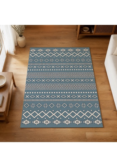 Kartela Halı Nera Halı Kaymaz Taban Makinede Yıkanabilir Halı Mavi - 120 X 180 Cm