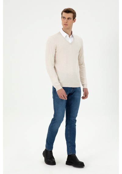 U.S. Polo Assn. Erkek Slim Fit V Yaka Krem Melanj Basic Kazak 50294764-VR159