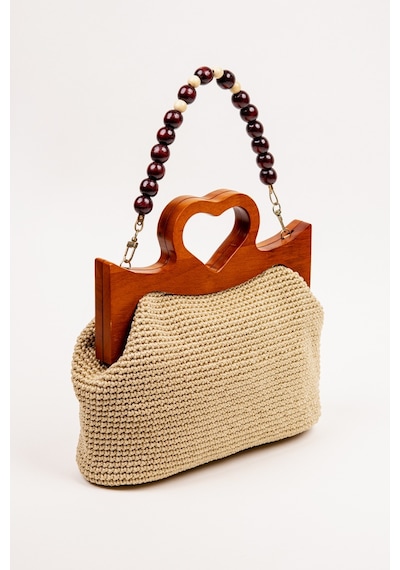 Fabric Craft Bag El Çantası Örgü Floş İplik Ahşap Saplı Açık Bej