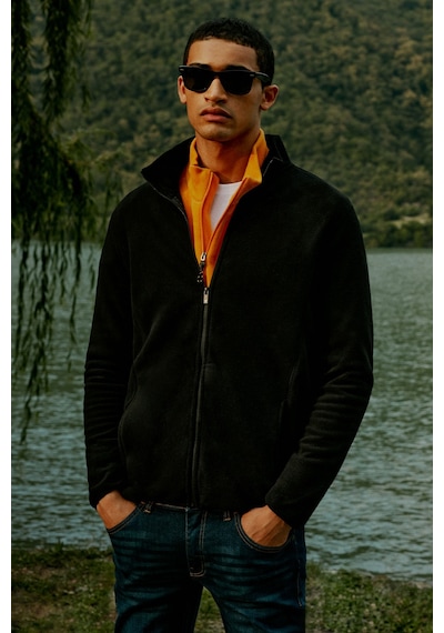 AC&Co / Altınyıldız Classics Erkek Anti-pilling Tüylenme Yapmayan Standart Fit Bato Yaka Sweatshirt Polar Ceket Siyah