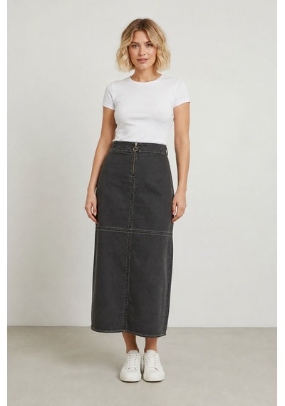 Bihan Store Önü Fermuarlı Yüksek Bel Denim Maxi Etek Y25-7581-füme