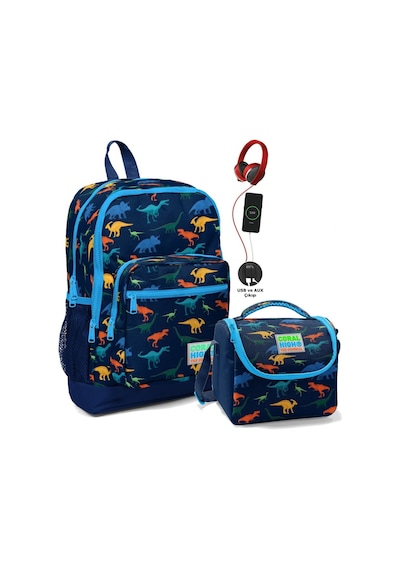 Coral High Erkek Çocuk Lacivert Dinazor Okul Çantası Ve Beslenme Çantası Seti Usb Soketli