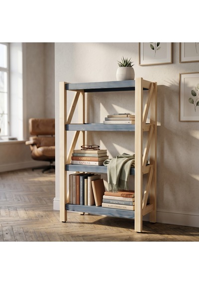 Mobenta Libra Frame: Masif Ahşap Kitaplık & Raflı Depolama 4 Raflı - Bz-ıg Krem-mavi