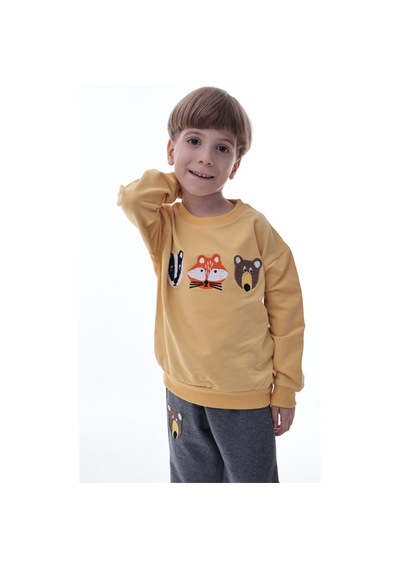 Erkek Çocuk Hayvan Figürlü Sarı Sweatshirt Ve Gri Eşofman Takımı Yumuşak Kumaş, Rahat Kalıp Takım Sarı