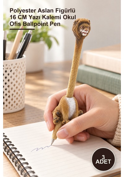 3 Adet Tükenmez Kalem Polyester Aslan Figürlü 16 Cm Yazı Kalemi Okul Ofis Ballpoint Pen 1