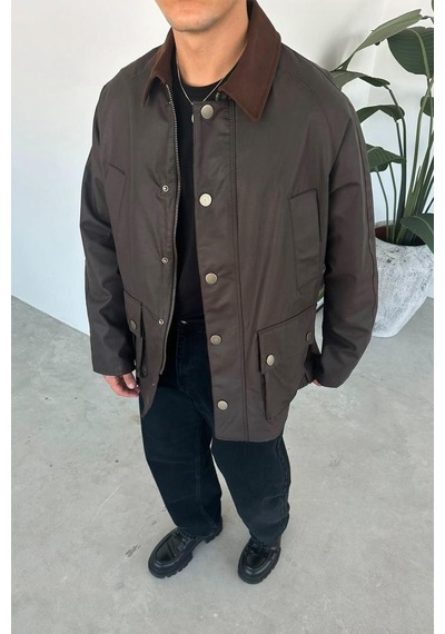Kahverengi Waxed Çıt Çıt Cep Detay Oversize Ceket Kahverengi