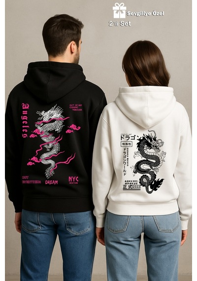Nevermind Sevgili Çift Kombin Ejderha Baskılı Hoodie Unisex Oversize Kapüşo Siyah