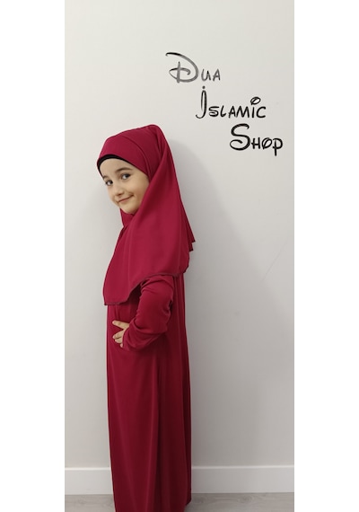 Dua İslamic Shop Kız Çocuk Tek Parça Namaz Elbisesi Bordo