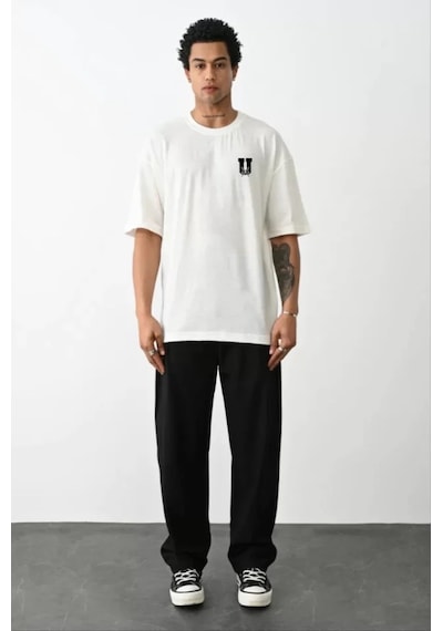 Modi Unisex Bisiklet Yaka Baskılı Oversize T-shirt - Beyaz - Mymg109067