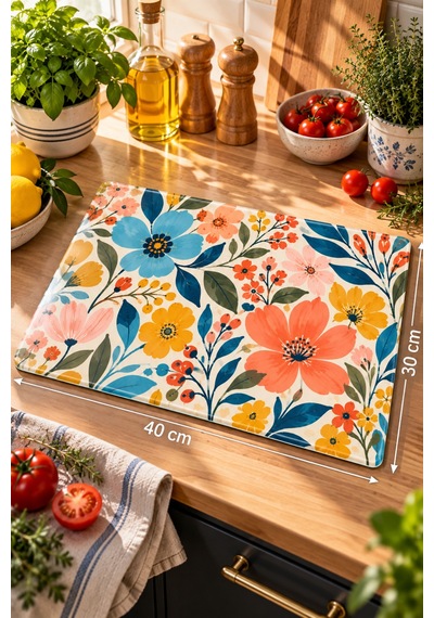 Gökçeoğlu Cam Kesme Tahtası Boho Çiçek Temalı - Cam Kesme Tablası 30cm X 40cm Çok Renkli
