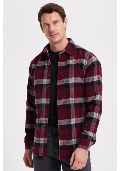 Tudors Erkek Slim Fit Dar Kesim Kareli Kışlık Oduncu Gömlek-42349 Bordo