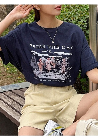 Flood Of Style Kadın Lacivert Seize The Day Baskılı Oversize T-shirt