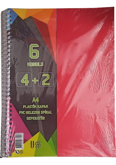 4+2 Ayraçlı Defter 6 Konulu 150 Yaprak 1 Adet 4 Kareli 2 Çizgili Spralli Plastik Kapak Seperatörlü Kırmızı